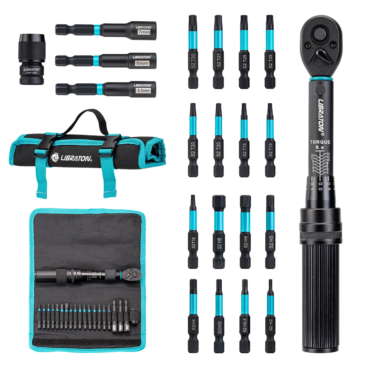 1/4" 2-14Nm Bike Torque Wrench 21pcs Bike Torque Wrench Set Socket Spanner with Impact Bit Bicycle Motorcycle Ratchet Repair Kit