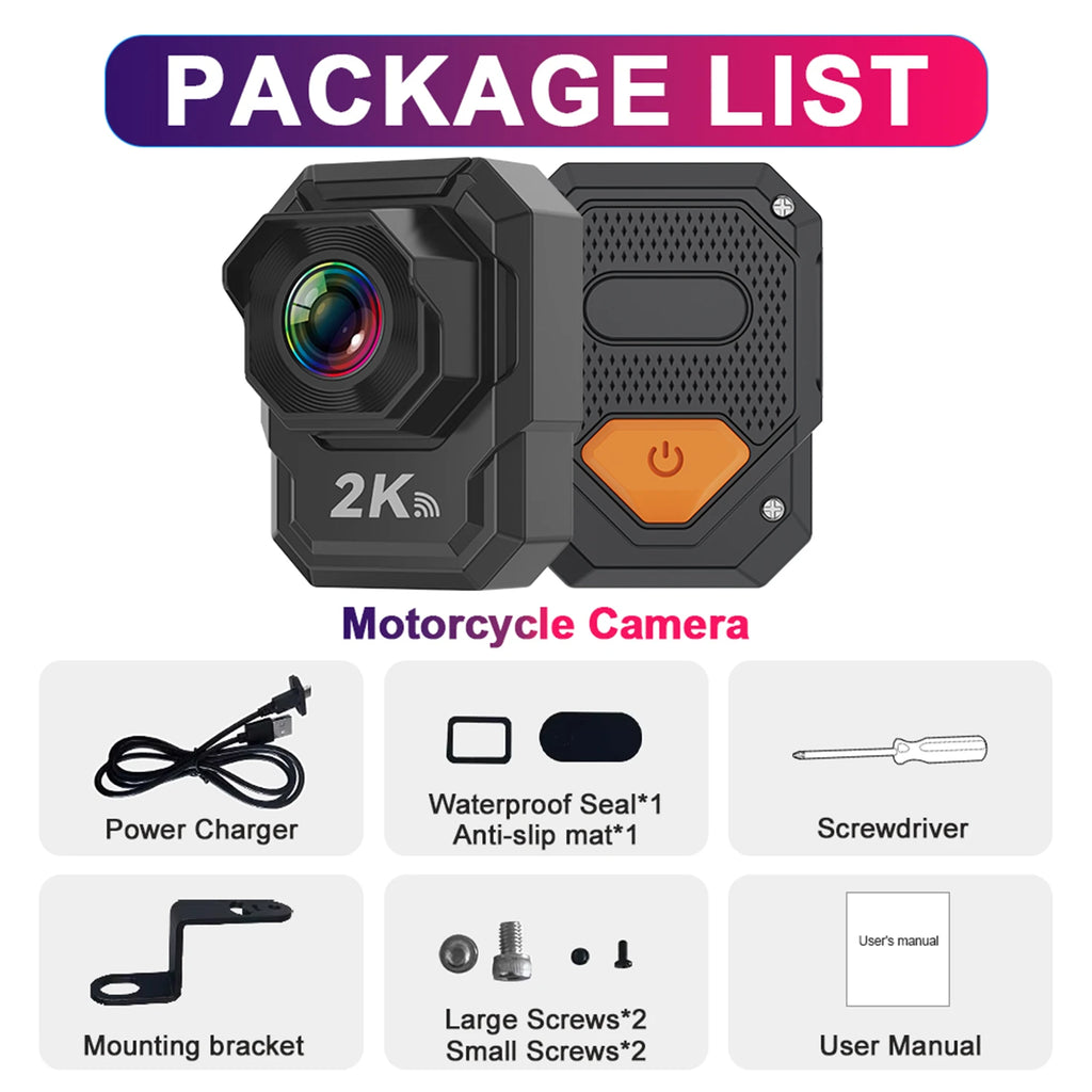 2K HD Motorcycle Dash Cam Built-in WiFi IP66 Waterproof Shockproof Professional Riding Safety Recorder Outdoor Black Box