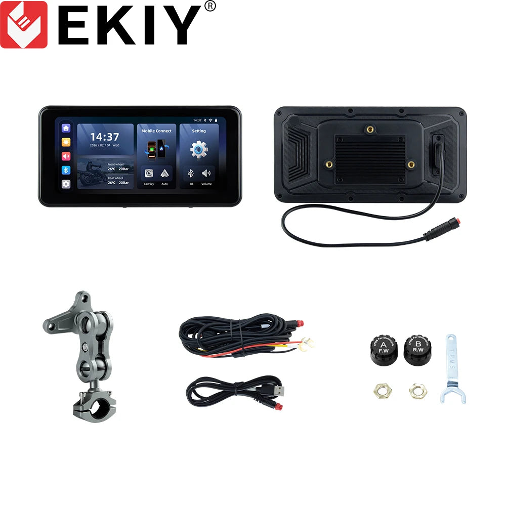 EKIY 6.25" Wireless CarPlay Moto Android Auto Portable Digital Motorcycle Dashboard GPS Navigation Display Screen TPMS Monitor
