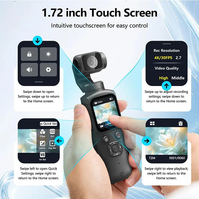 4K Wifi Action Camera 330° Auto-rotate Len Pocket Camera 1.72" Touchscreen Zoom Sport Cam Portable Vlog Video Recorder Cycling