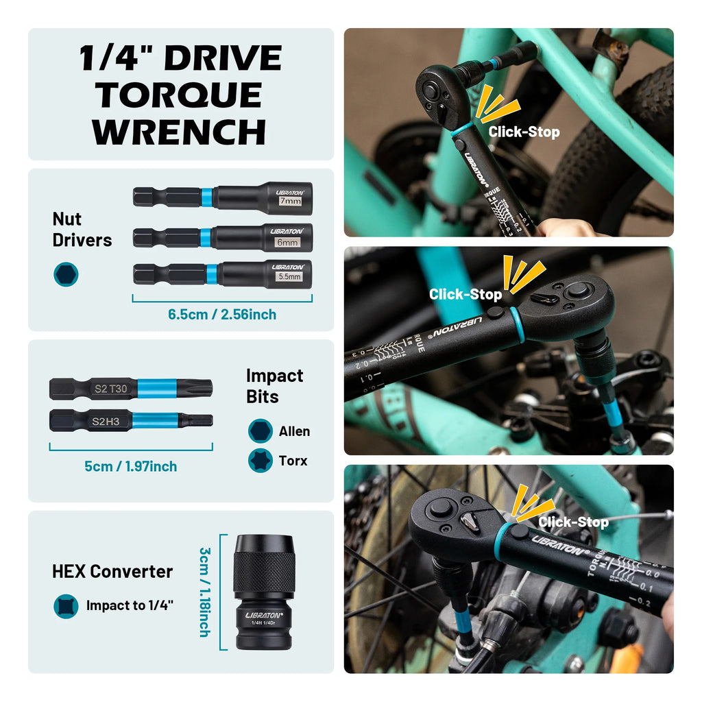 1/4" 2-14Nm Bike Torque Wrench 21pcs Bike Torque Wrench Set Socket Spanner with Impact Bit Bicycle Motorcycle Ratchet Repair Kit