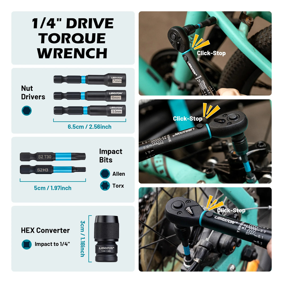 1/4" 2-14Nm Bike Torque Wrench 21pcs Bike Torque Wrench Set Socket Spanner with Impact Bit Bicycle Motorcycle Ratchet Repair Kit