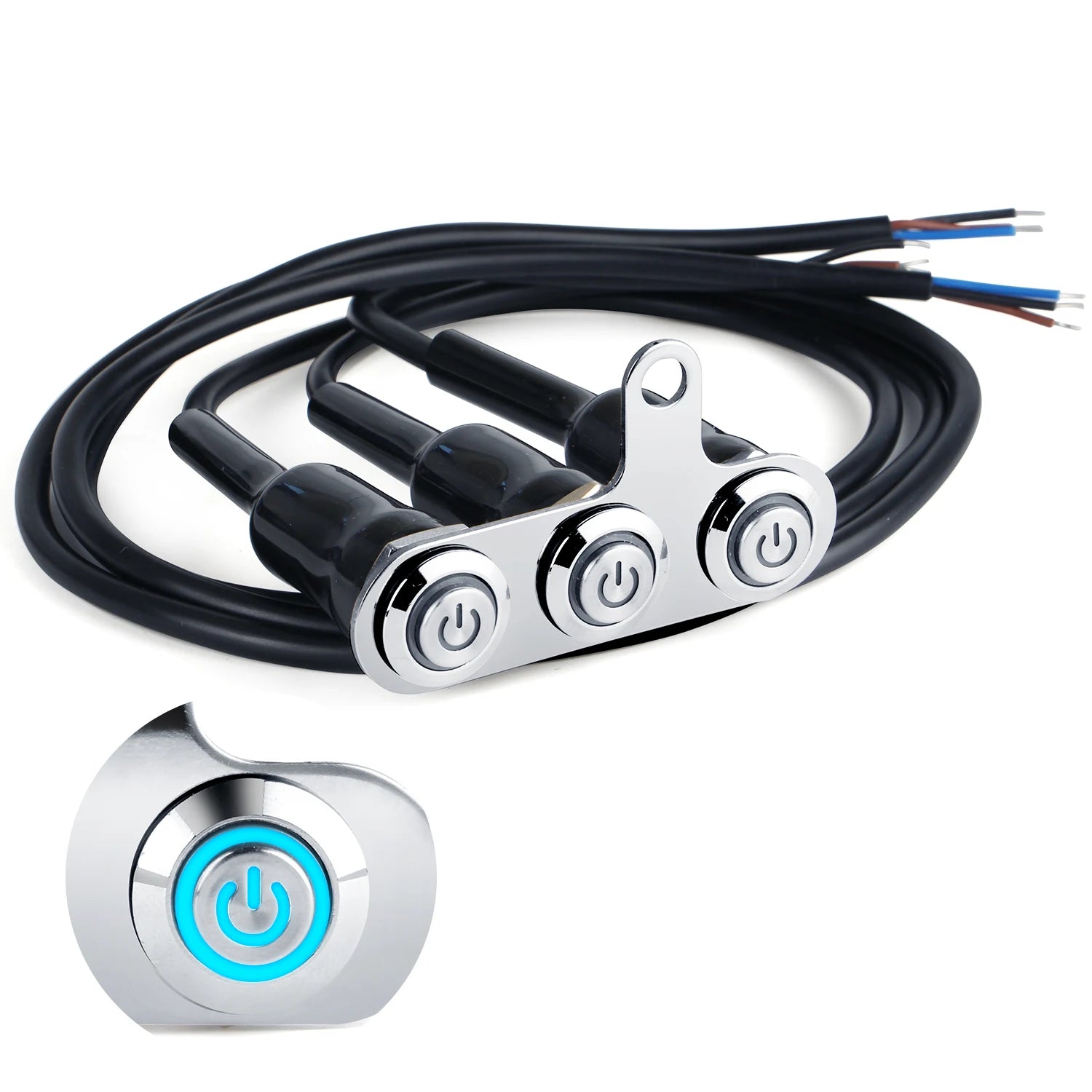 Blue LED Motorcycle Handlebar Switches - 12V Stainless Steel with Fog Light Control Button, Fit for Street Touring Bikes