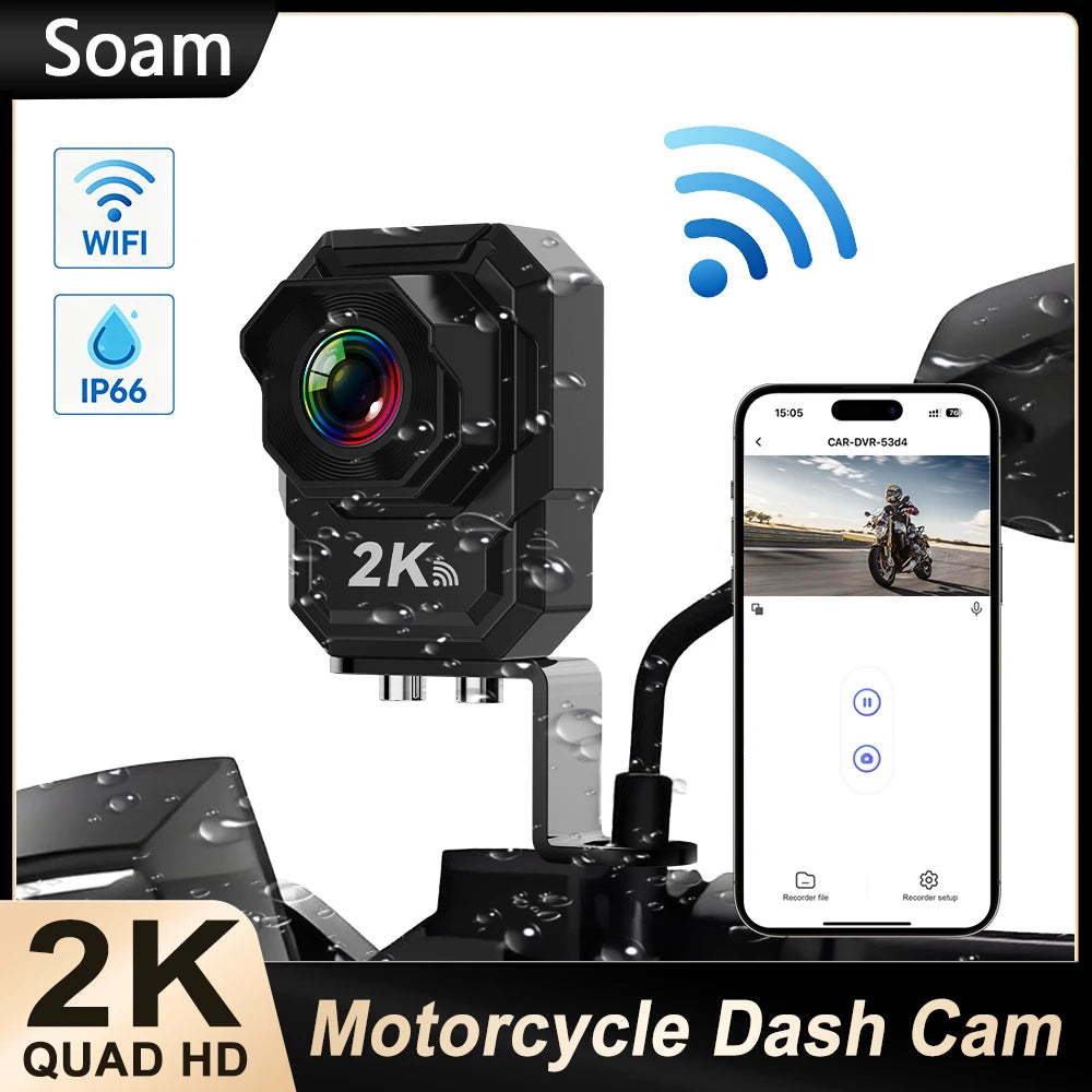 2K HD Motorcycle Dash Cam Built-in WiFi IP66 Waterproof Shockproof Professional Riding Safety Recorder Outdoor Black Box
