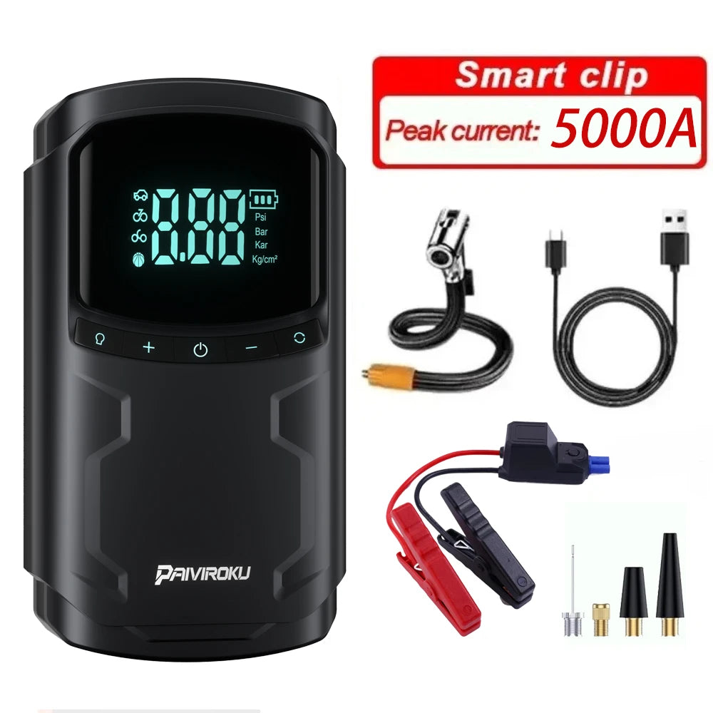 Car Jump Starter with Air Compressor Peak 5000A Auto Battery Booster 150PSI Air Pump Portable Power Bank Tire Inflator Lighting