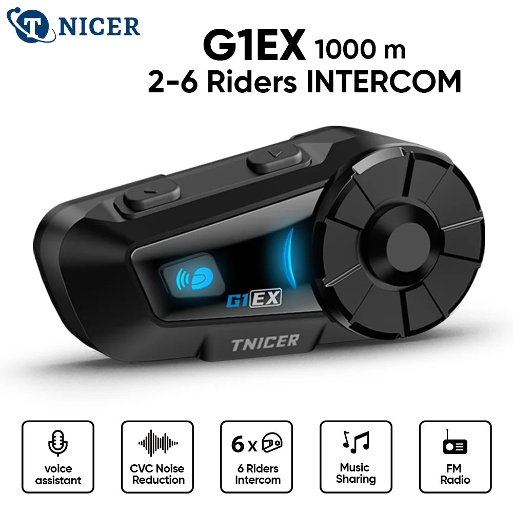 TNICER G1EX 2-6 Riders Motorcycle Helmet Communicator Bluetooth 5.2 IPX65 Waterproof FM Radio Intercom.