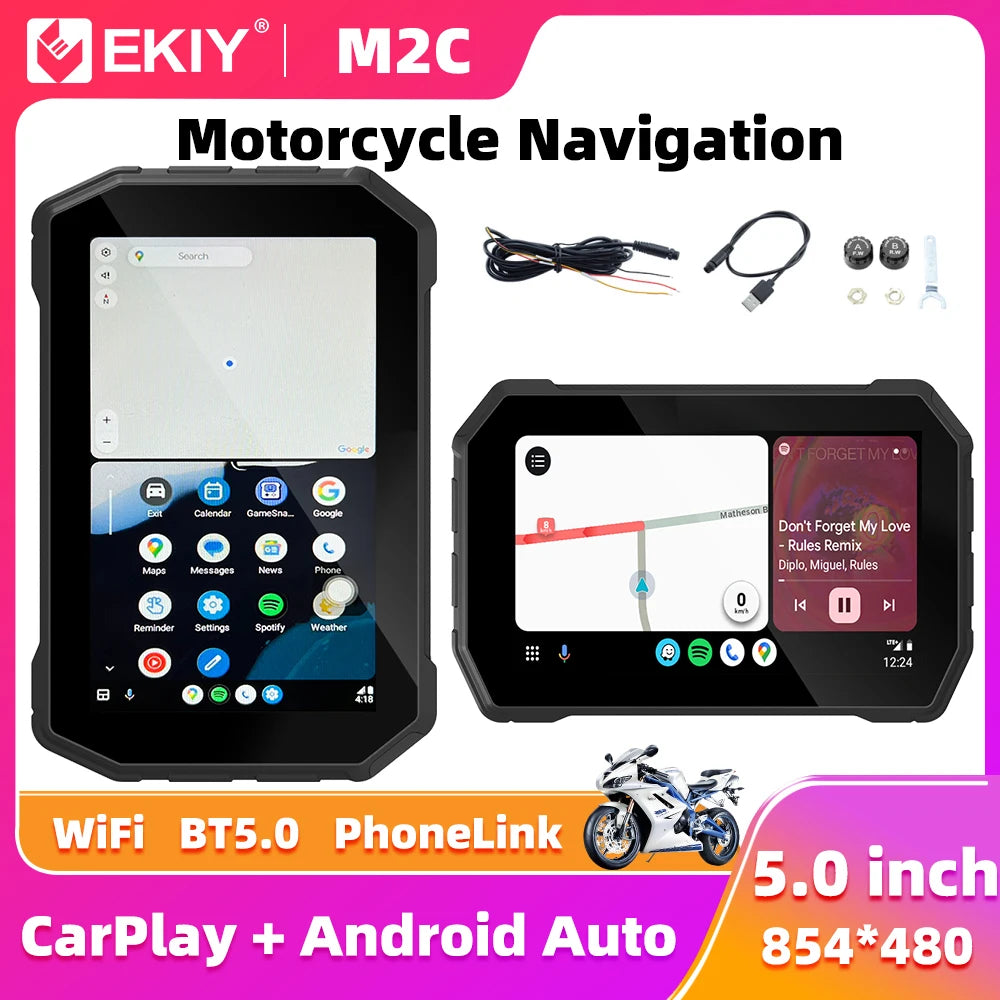 EKIY 5.0 Inch Wireless CarPlay Moto Android Auto For Motorcycle Navigation GPS Portable Digital Dashboard Display Screen TPMS