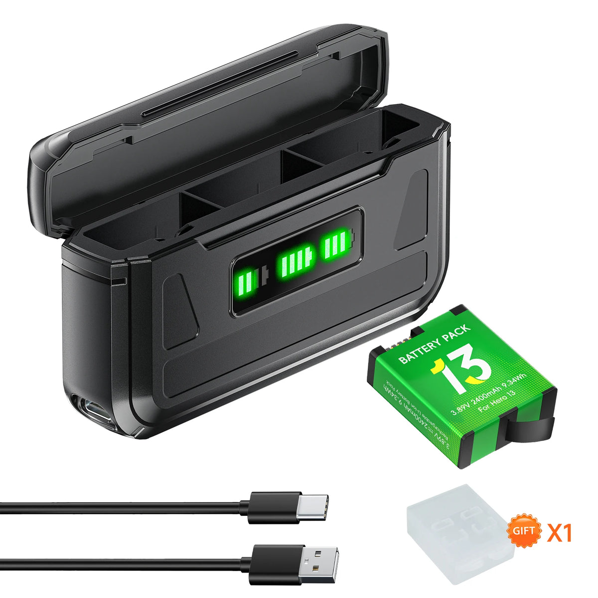 PALO 2400mAh For GoPro Hero 13 Camera Battery + 3 Slots Storage Box Charger For GoPro Mission 1 Series Sport Camera Accessories