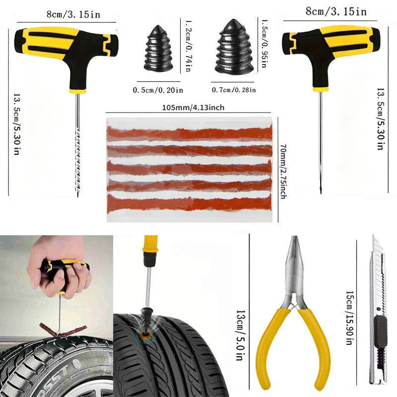 Emergency Tire Repair Kit - Heavy-Duty Glue & Rubber Strips for Flat Puncture Fix on Cars/Trucks/RVs, On-the-Go Safety Solution