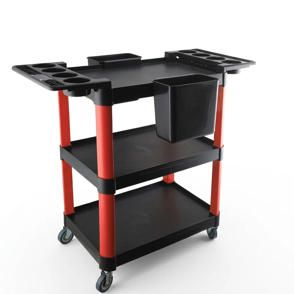 3 Tier Rolling Tool Storage Cart Multi Purpose Mobile Utility Organizer Trolley with Side Bottle Holders Detachable Bucket 360° Swivel Wheels for Car Detailing Garage Workshop Salon Use