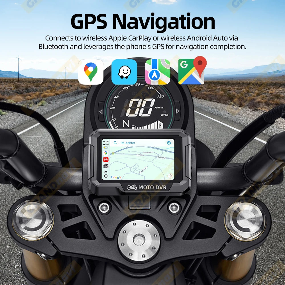 Portable 3.4 inch Motorcycle GPS Navigation Wireless Carplay Android Auto DVR Drive Recorder Moto Monitor WIFI IP67 Waterproof