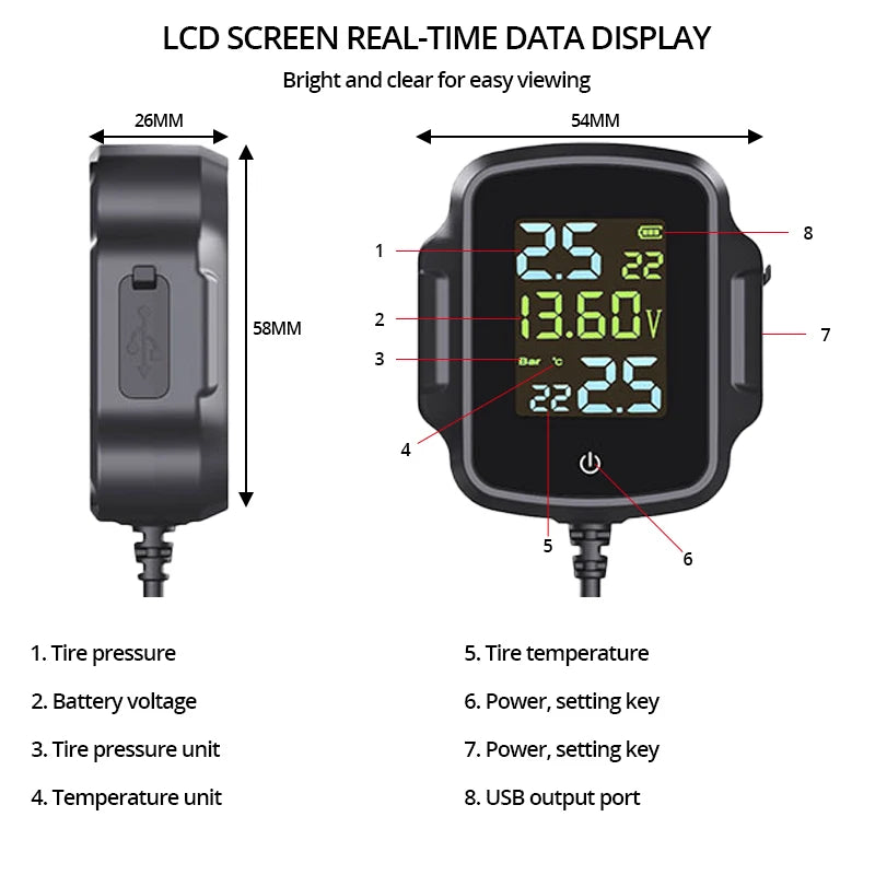 Motorcycle TPMS Security Alarm Tire Pressure Monitoring System QC 3.0 Fast Charging USB Output Accurate Tire Pressure Display