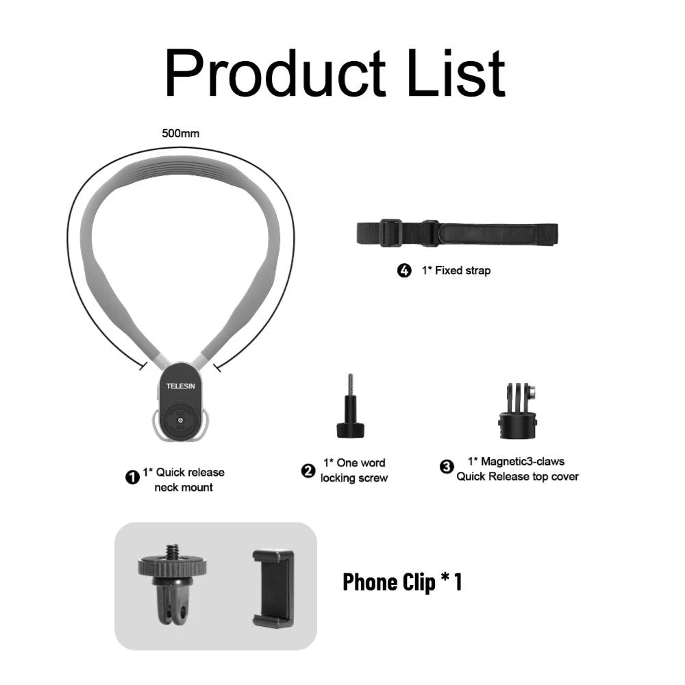TELESIN Quick-Release Silicon Neck Mount Neck Phone Holder for Gopro Hero13 12 11 10 9 DJI OSMO Action 5 4 3 Insta360 X4