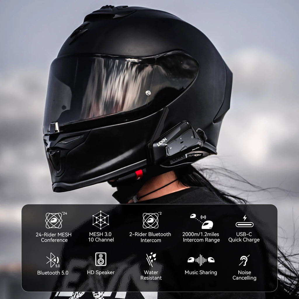 Lexin MeshCom MESH & Bluetooth Intercom for Motorcycle Helmet Headset, Mesh Intercom up to 24 People Within 2 km Range