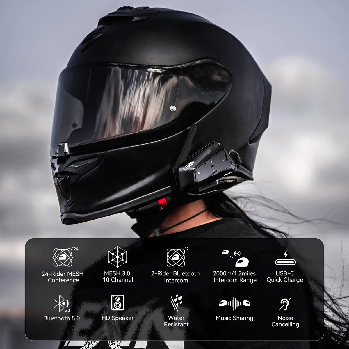 Lexin MeshCom MESH & Bluetooth Intercom for Motorcycle Helmet Headset, Mesh Intercom up to 24 People Within 2 km Range