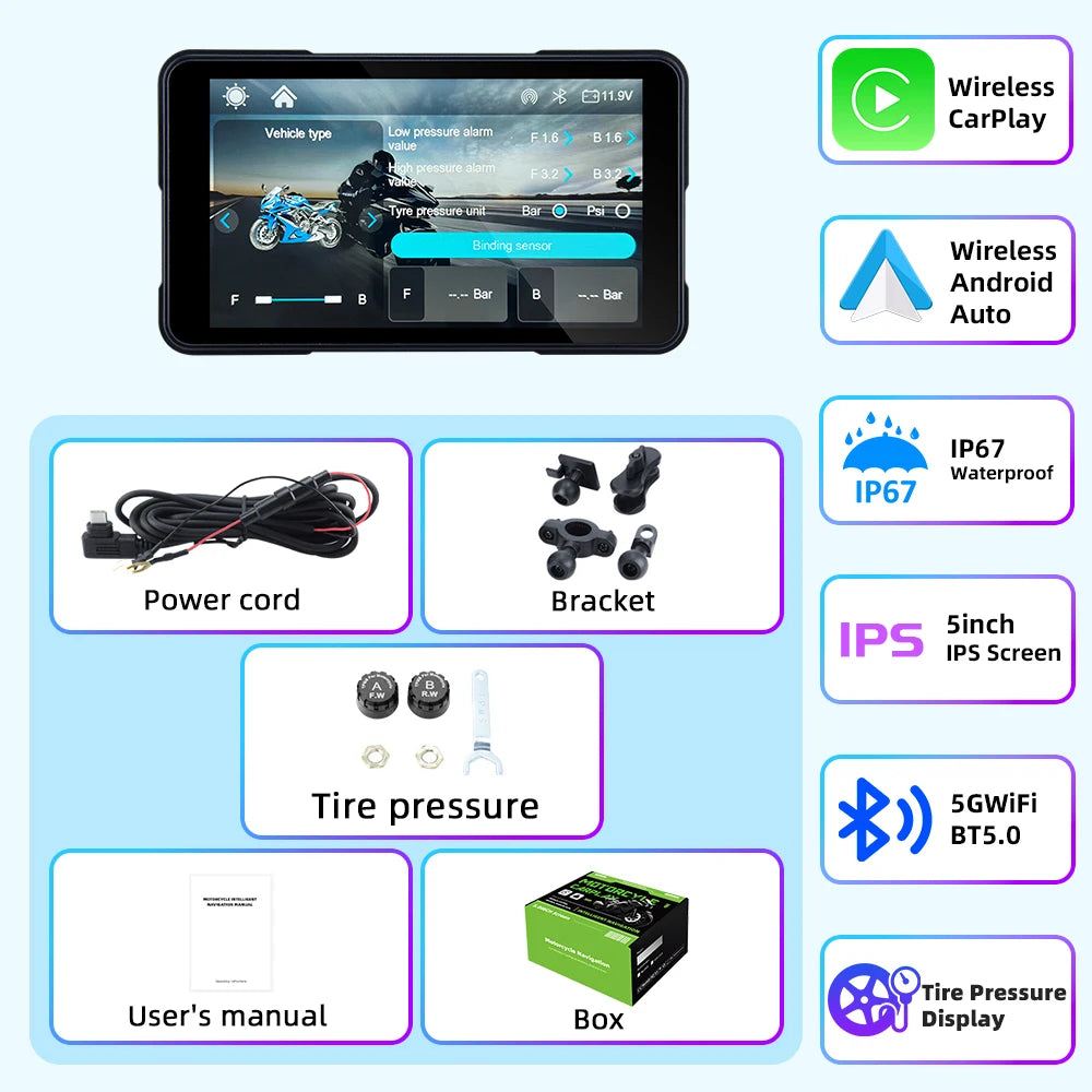 EKIY 5 Inch Motorcycle Carplay GPS WiFi MOTO Navigation Wireless CarPlay Wireless Android Auto Motor Rotating Screen