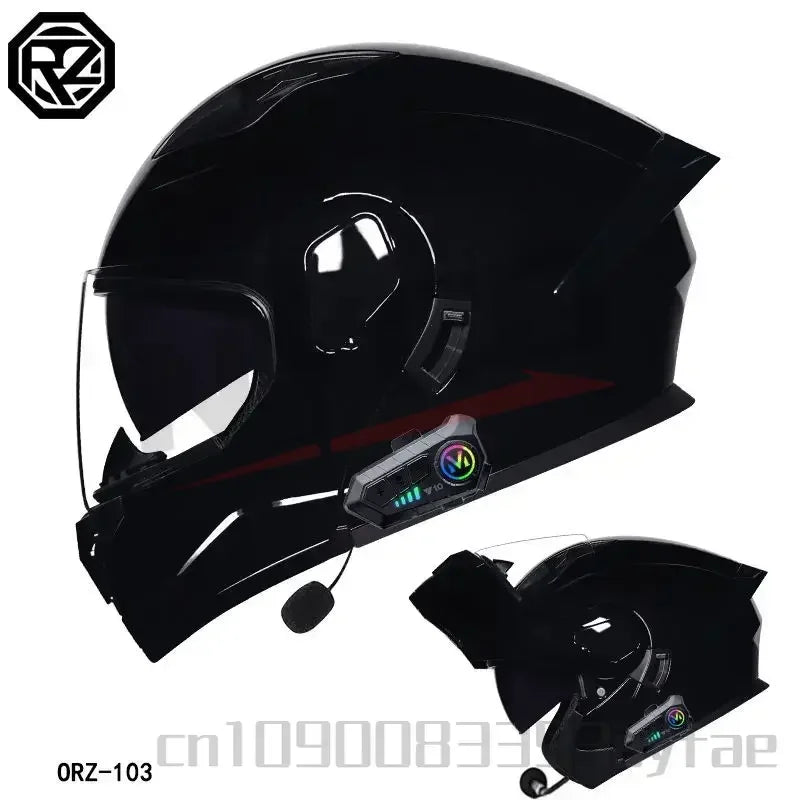 ORZ Motorcycle Dual-Lens Helmet for Men Women Bluetooth Full Helmet All Seasons Flip Helmet with Tail Wing DOT Certification