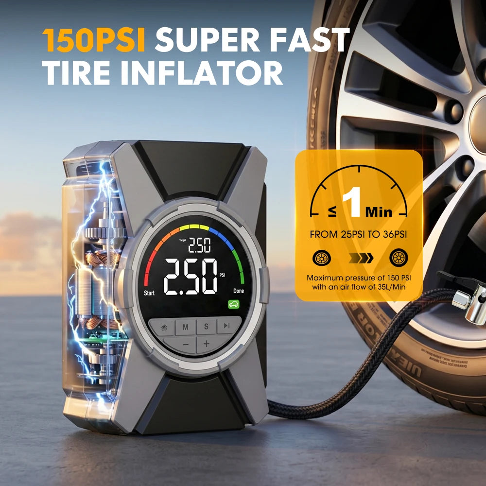 Portable Car Air Compressor 12V Tire Inflator Pump 150PSI Digital Fast Inflation LED Light CE for SUV Truck Moto Bicycle Balls