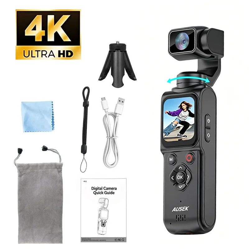 4K Wifi Action Camera 330° Auto-rotate Len Pocket Camera 1.72" Touchscreen Zoom Sport Cam Portable Vlog Video Recorder Cycling