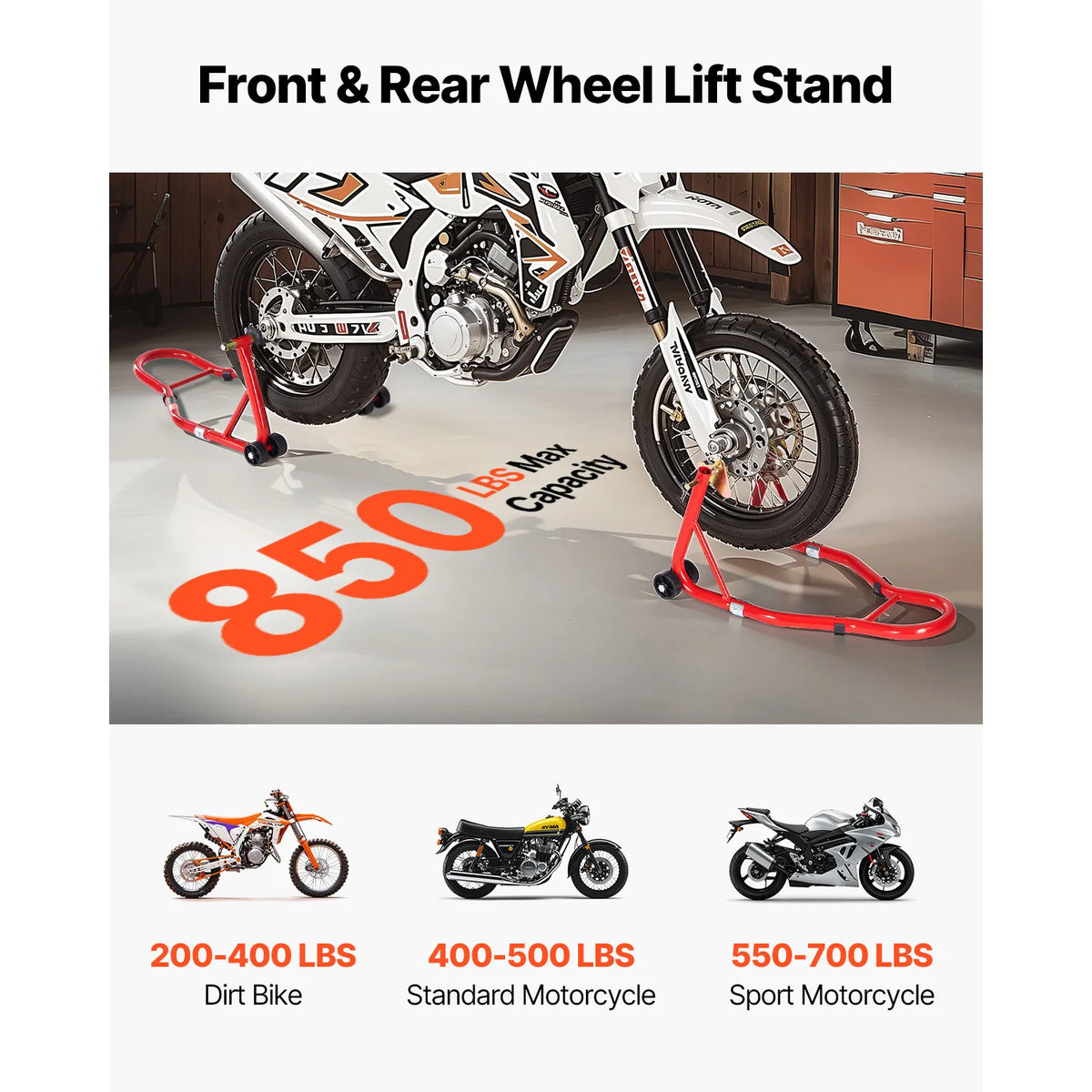 SucceBuy Motorcycle Stand Lift 850lbs Front Rear Combo Stand Lift Front Wheel Dual-Fork Stand Rear U+L Fork Swingarm Spool Stand