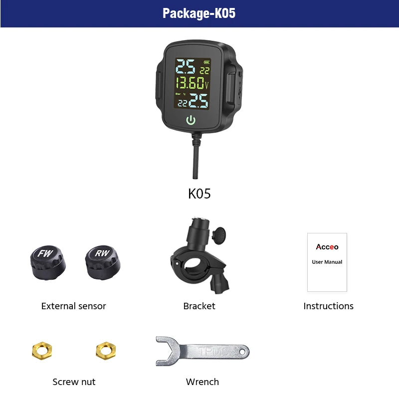 Motorcycle TPMS Security Alarm Tire Pressure Monitoring System QC 3.0 Fast Charging USB Output Accurate Tire Pressure Display