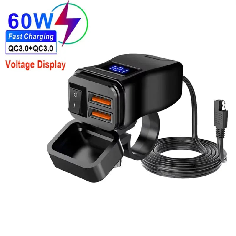PD+QC3.0 Motorcycle USB Fast Charger 60W Handlebar Dual USB Socket with Switch Voltmeter Waterproof 12V Power Supply Adapter