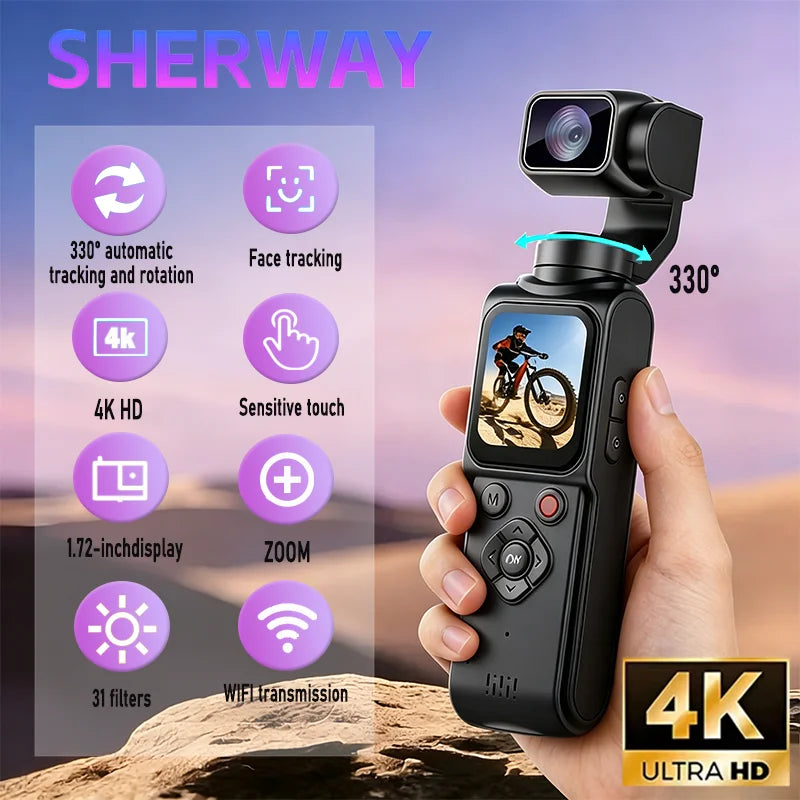 4K Wifi Action Camera 330° Auto-rotate Len Pocket Camera 1.72" Touchscreen Zoom Sport Cam Portable Vlog Video Recorder Cycling