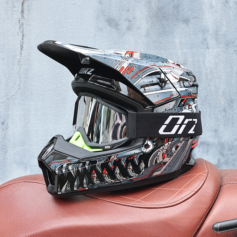 ORZ-903-Unisex All Weather Motocross Helmet with Goggles, Reinforced ABS DOT Standard Ventilated Off Road Safety Helmet