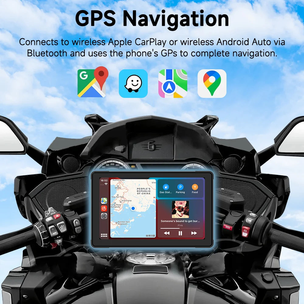 7"Motorcycle Multimedia Player GPS Navigation Recorder Wireless CarPlay Android Auto IP67 Waterproof Screen Bluetooth 2024 New