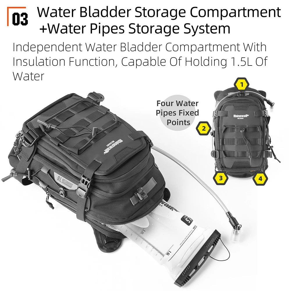 Rhinowalk Motorcycle Tank Bag Motor Set With 1.5L Water Bladder 9L Multi Compartment Backpack Hidden Raincover MOLLE System