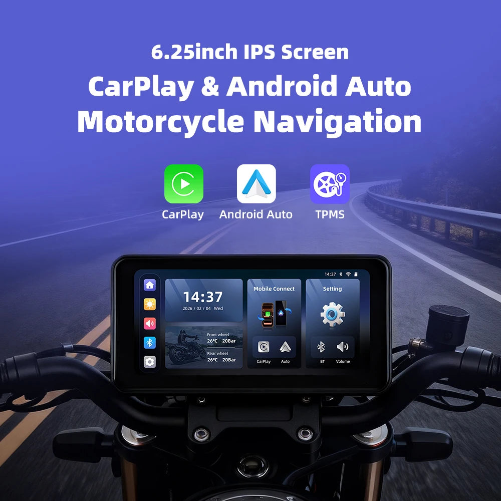 EKIY 6.25" Wireless CarPlay Moto Android Auto Portable Digital Motorcycle Dashboard GPS Navigation Display Screen TPMS Monitor