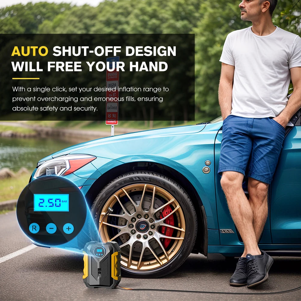 Carsun 12V Mini Portable Air Compressor 35L/Min 150PSI Digital Tire Inflator LED Light Auto Shut-Off Car Motorcycle Tires