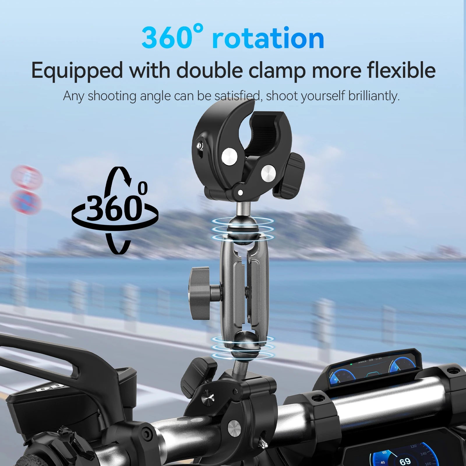 TELESIN Motorcycle Bike Monopod Bicycle Handlebar Panoramic Mount Invisible Selfie Stick Bracket for GoPro Hero DJI Insta360