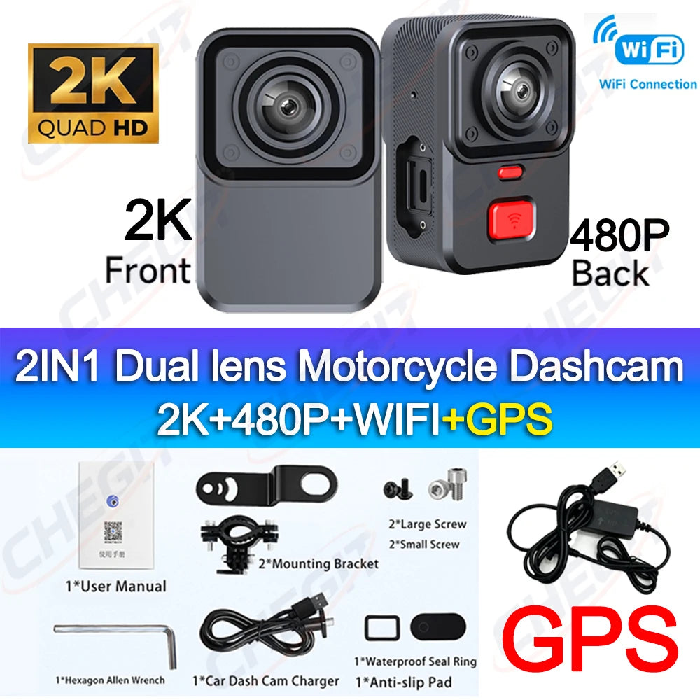 New Motorcycle Camera Dual lens 2K+480P HD DVR 170° Wide Angle Lens TypeC Loop Recording with GSensor WiFi Waterproof
