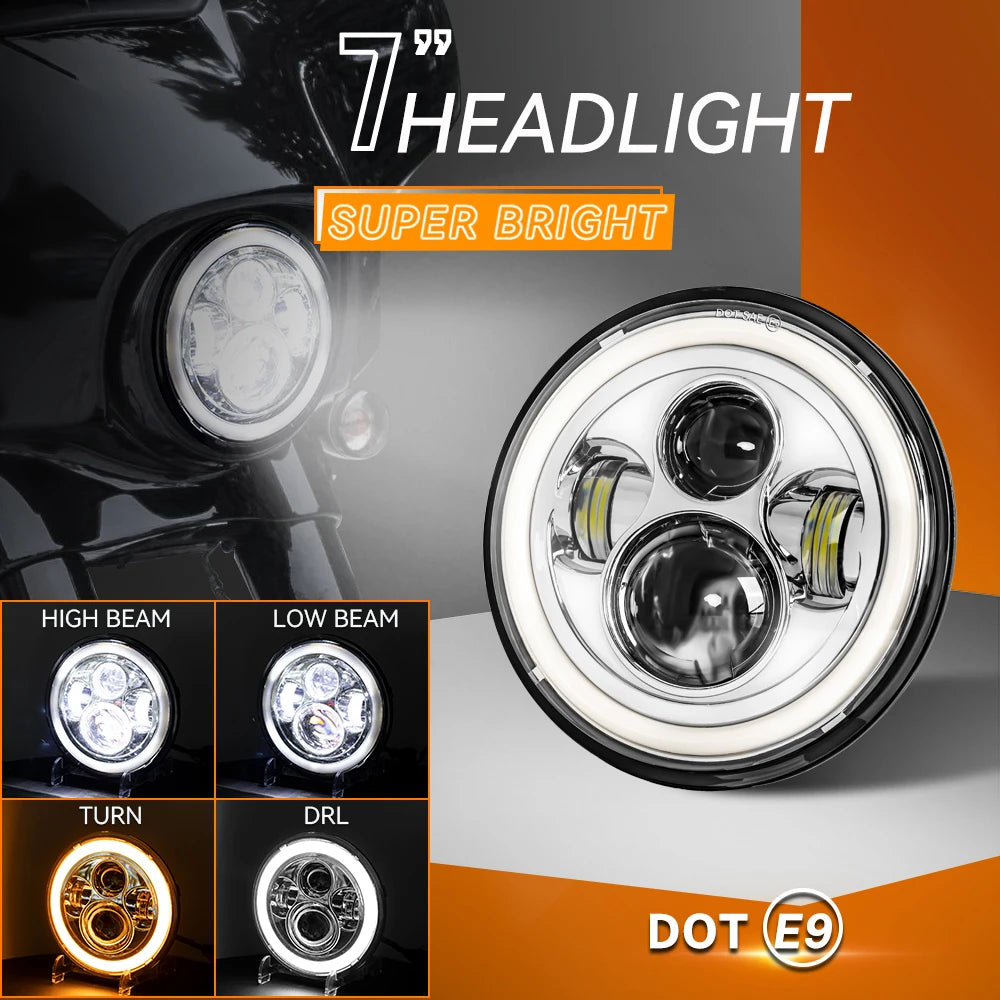 Universal 7" Round Head Light 7 Inch Motorcycle LED Headlight H4 Lamp Hi/Lo Beam Turn signal For Cafe Racer Bobber Honda