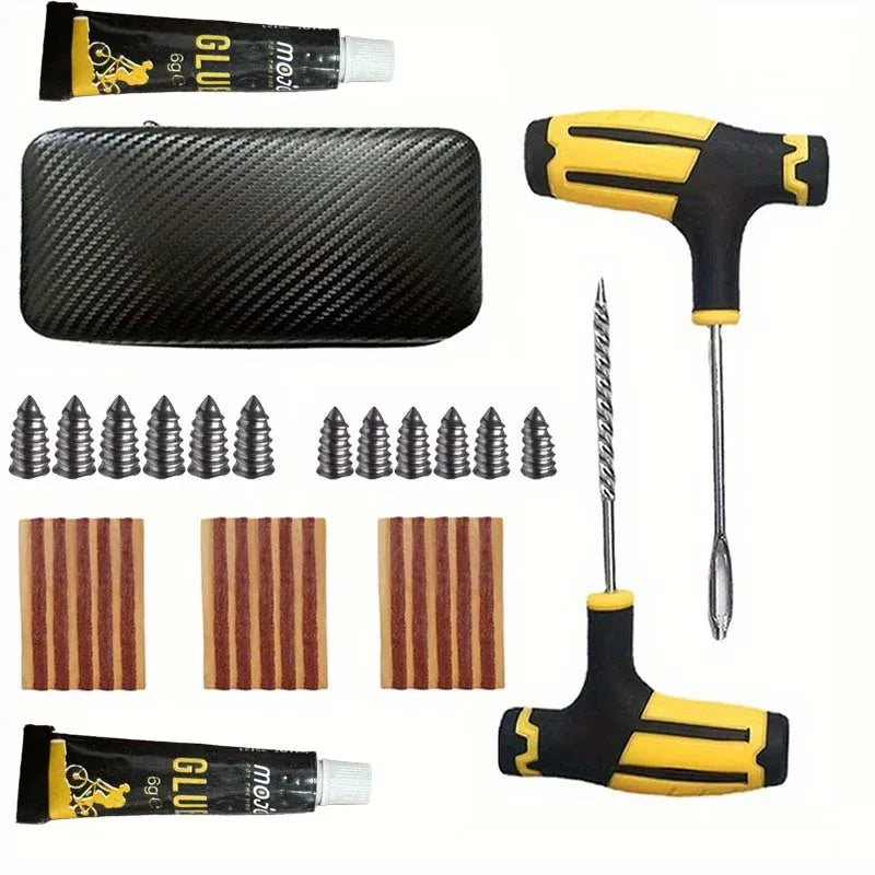 Portable Car Tire Puncture Repair Kit T-Handle Tools Glue Strips Universal for Truck Motorcycle RV Roadside Safety