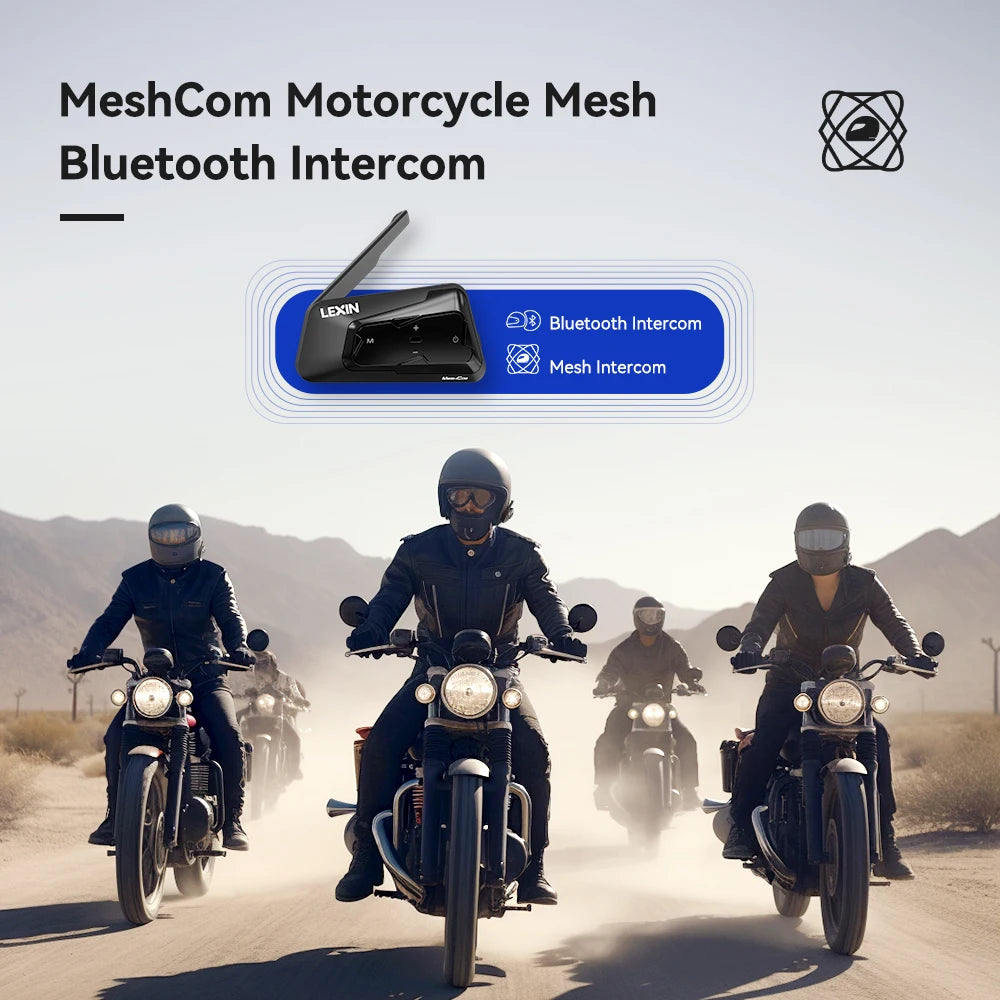 Lexin MeshCom MESH & Bluetooth Intercom for Motorcycle Helmet Headset, Mesh Intercom up to 24 People Within 2 km Range