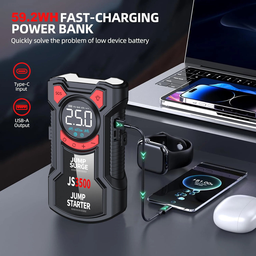 PAIVIROKU Car Jump Starter Air Compressor with Power Bank Portable Electric Pump Battery Booster 12V Jump Box with Flashlight