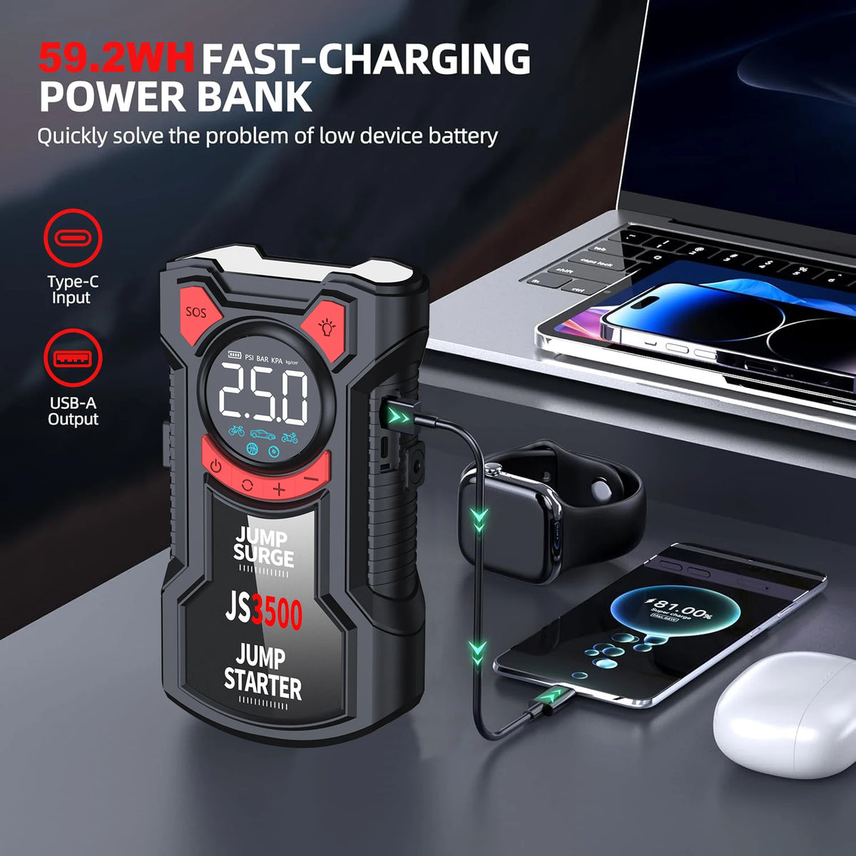 PAIVIROKU Car Jump Starter Air Compressor with Power Bank Portable Electric Pump Battery Booster 12V Jump Box with Flashlight