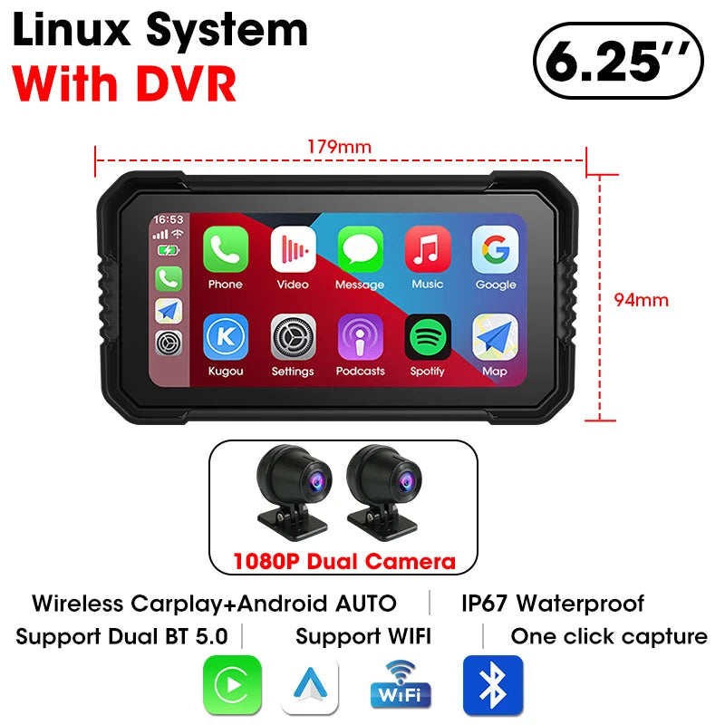 Jansite Portable 6.25" Motorcycle GPS Navigation Wireless Carplay Android Auto DVR Drive Recorder Moto Monitor IPX7 Waterproof