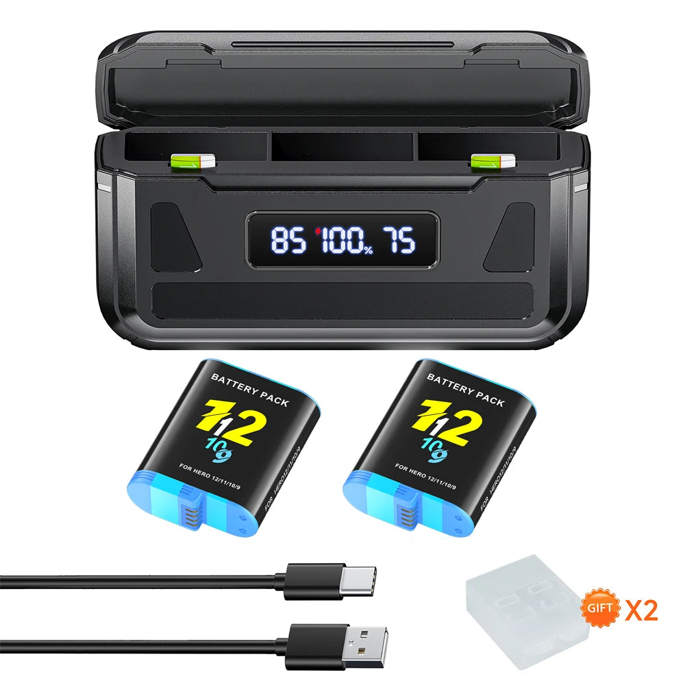 2000mAh for GoPro Hero 12 11 10 9 Battery  + 3-Slot LCD USB Fast Charger for Go Pro 10 9 Black Camera Bateria for Go Pro 12 10 9