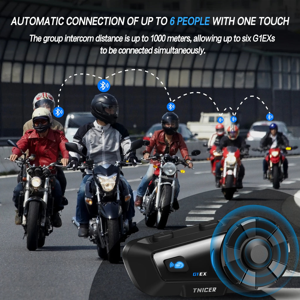 TNICER G1EX 2-6 Riders Motorcycle Helmet Communicator Bluetooth 5.2 IPX65 Waterproof FM Radio Intercom.