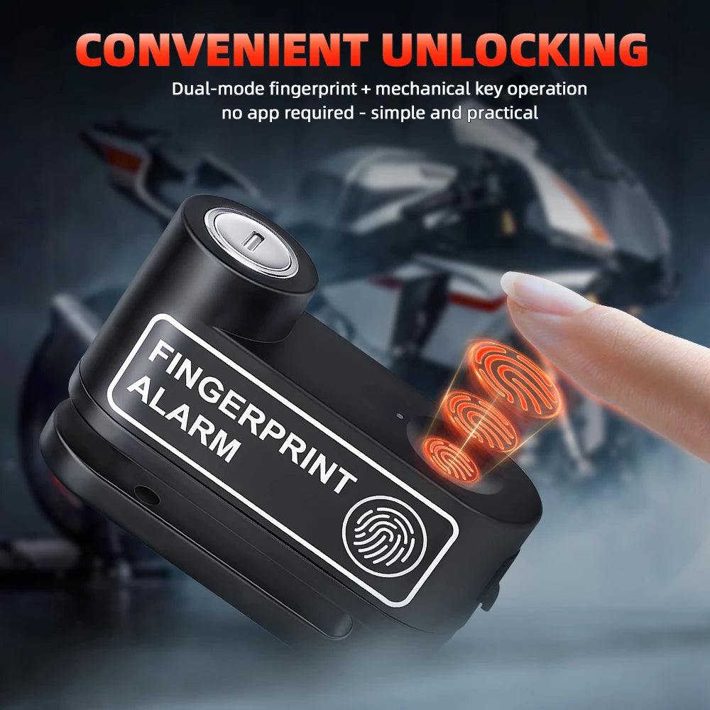 Disc Brake Lock 120dB Fingerprint Motocycle Alarm with Keys Anti-theft Lock Rechargeable Motorbike Accessories