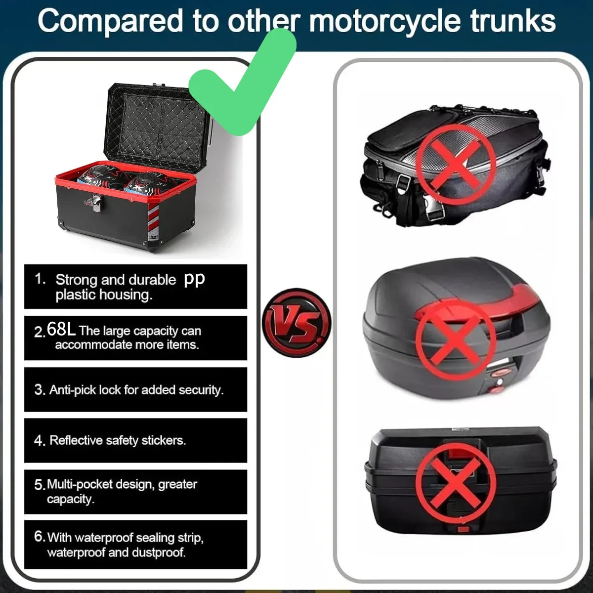 1pc 68L/18 Gallon Motorcycle Luggage Box with Base,Reflective Strips, Interior Padding, motorcycle accessories for Outdoor Ridin