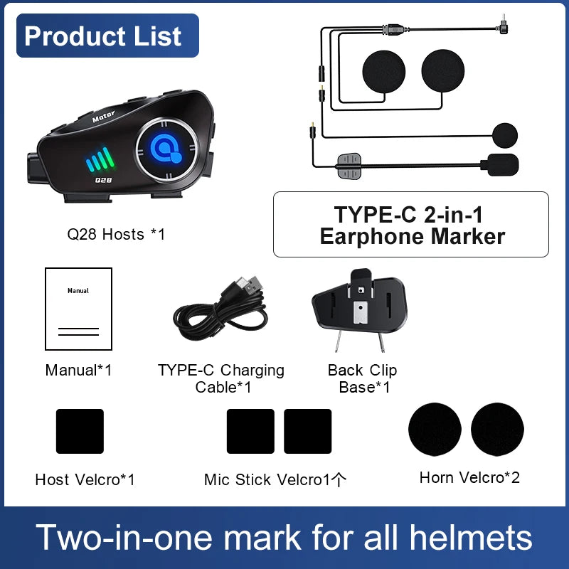 Q28 Motorcycle Helmet Headset Bluetooth Hands Free Call Waterproof Heaphone Wireless 1080P Video Dashcam TF Card as gift