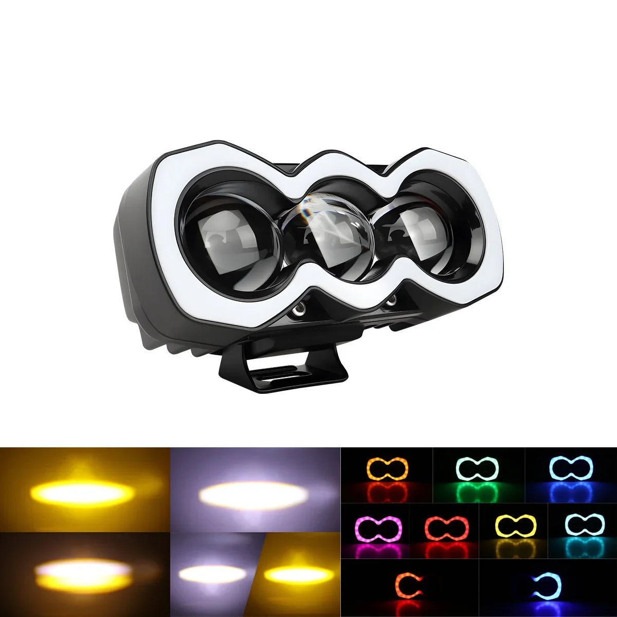 1pc Motorcycle LED Spotlight 2/3/4 Lens Dual Color White Yellow Warning Flash Lamp RGB Aperture Moto Headlamp LED Driving Lights