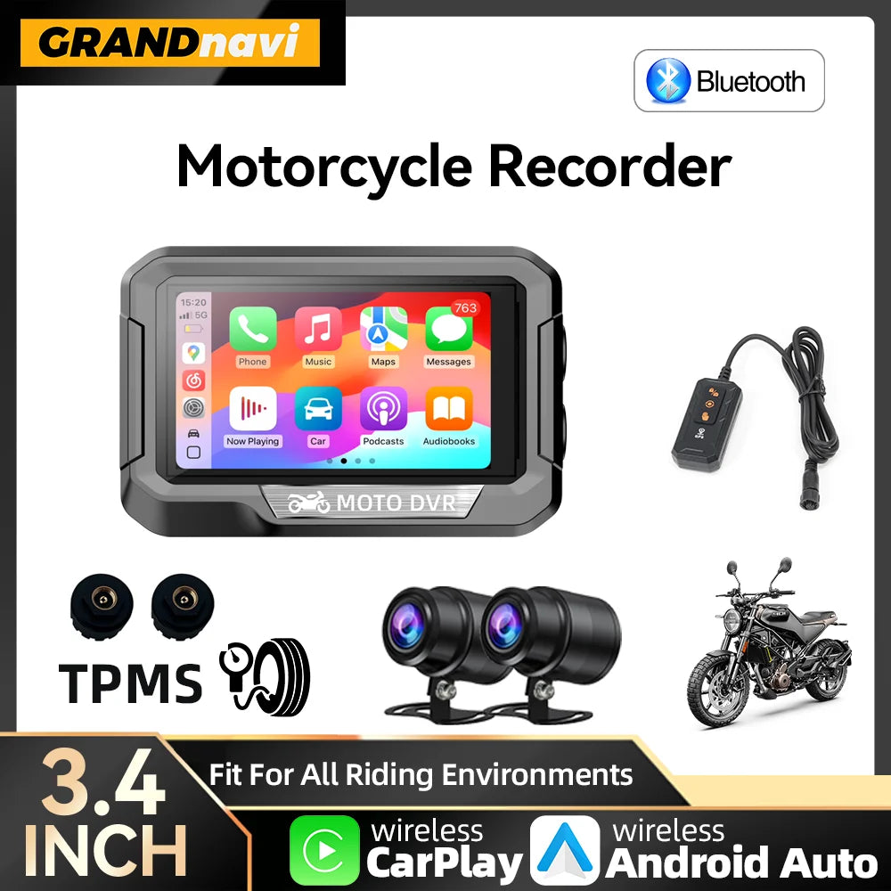 Portable 3.4 inch Motorcycle GPS Navigation Wireless Carplay Android Auto DVR Drive Recorder Moto Monitor WIFI IP67 Waterproof