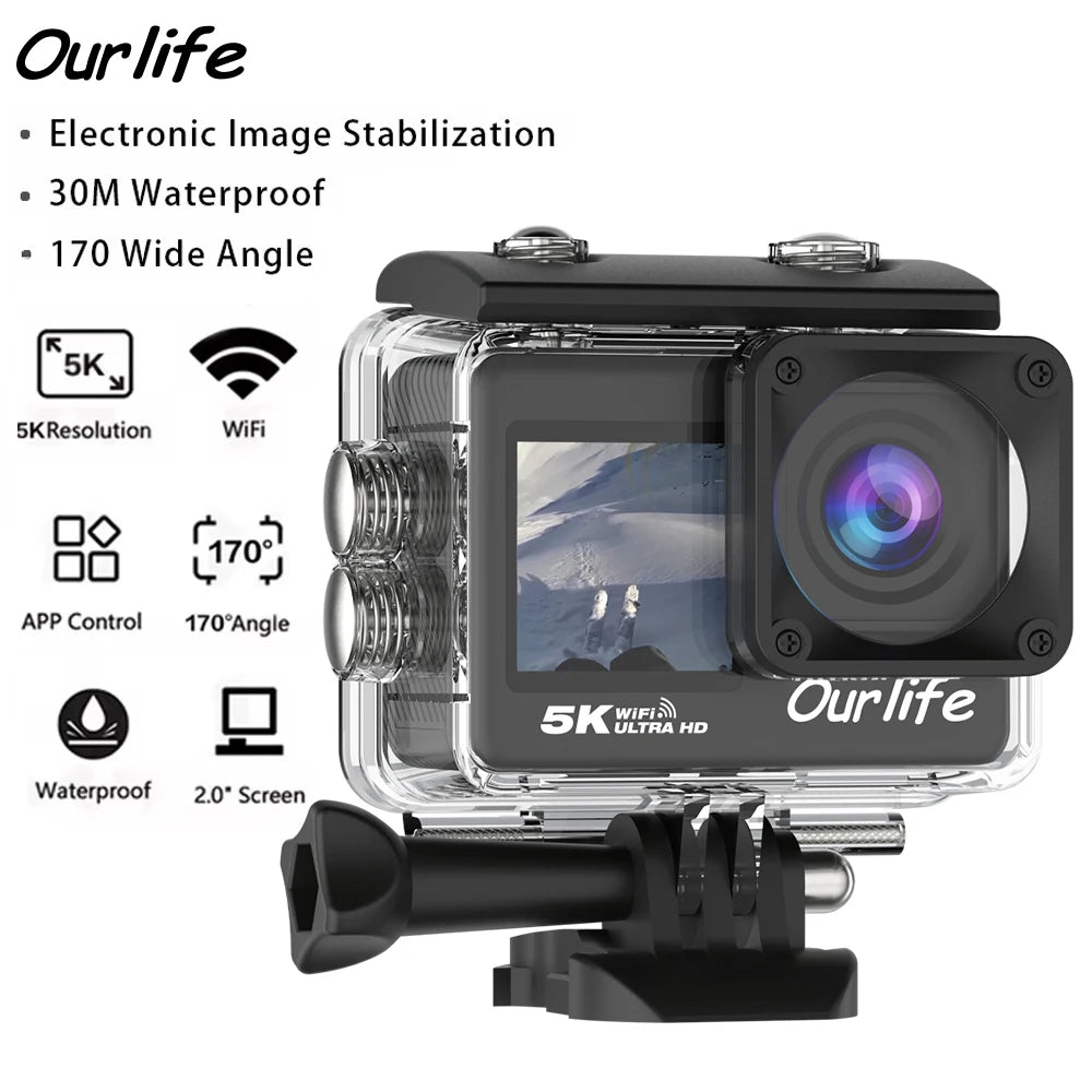 Ourlife MTR60 Action Camera 2.0'' Touch Screen EIS 170° Webcam 30M Waterproof 5X Zoom WiFi 5K Sport Camera With Remote Control