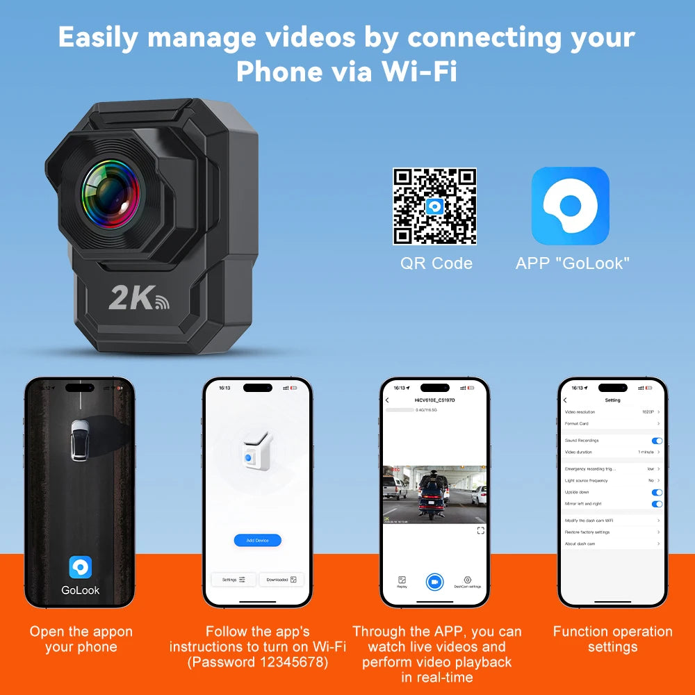 2K HD Motorcycle Dash Cam Built-in WiFi IP66 Waterproof Shockproof Professional Riding Safety Recorder Outdoor Black Box