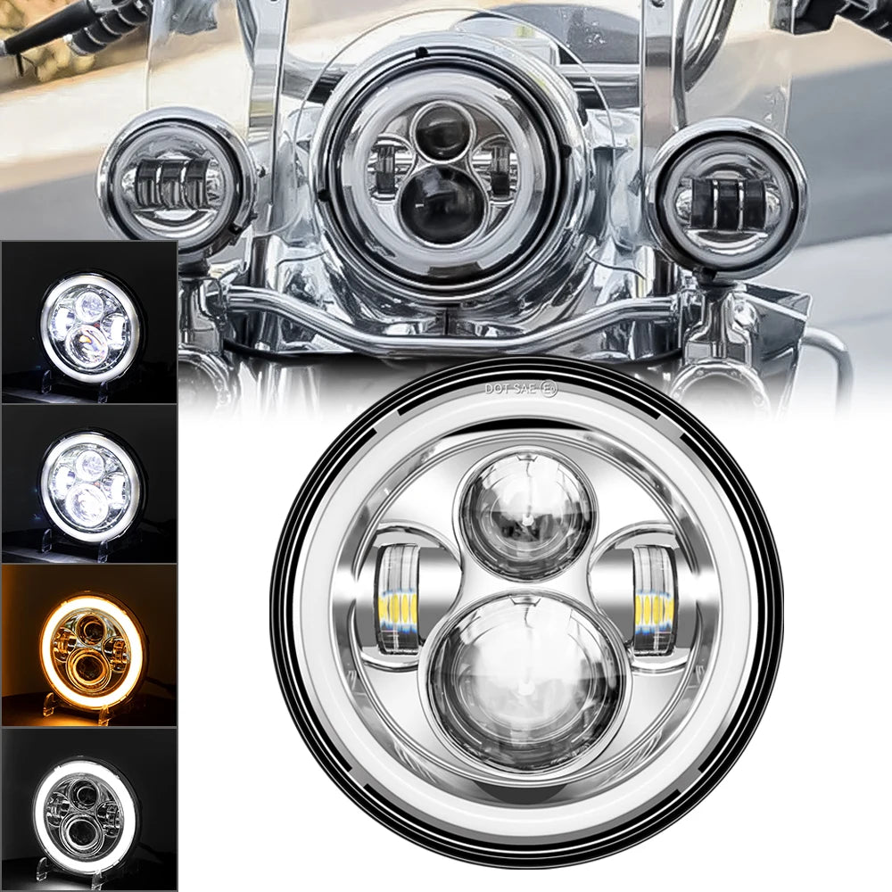 Universal 7" Round Head Light 7 Inch Motorcycle LED Headlight H4 Lamp Hi/Lo Beam Turn signal For Cafe Racer Bobber Honda